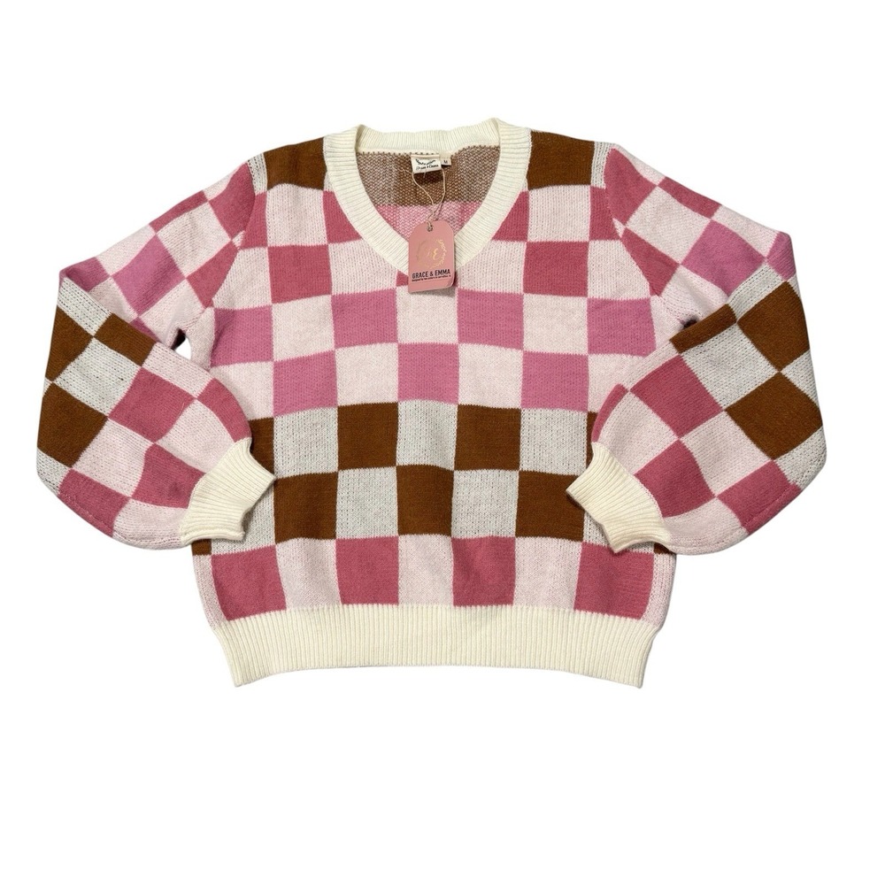 Grace & Emma Checkered Sweater Pink Brown V-Neck Pullover 5351